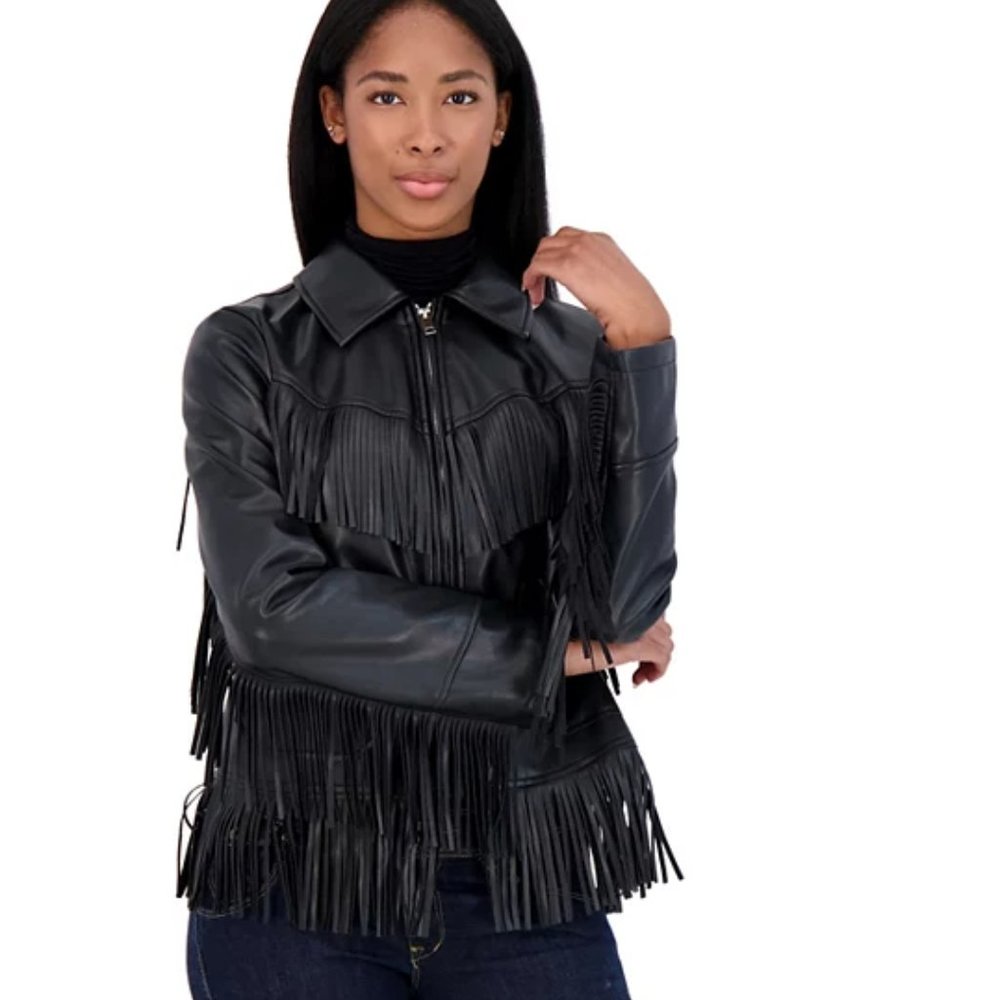 BIG SALE! Women's Black Faux-Leather Fringe Jacket By Sebby - Size M